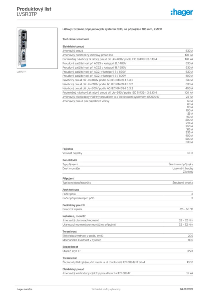 Obrázek Hager Product data sheet LVSR3TP | Hager