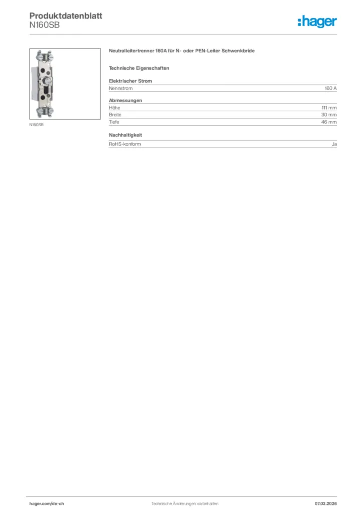 Bild Hager Produktdatenblatt N160SB | Hager Schweiz