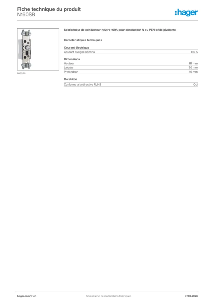 Image Hager Fiche technique du produit N160SB | Hager Suisse