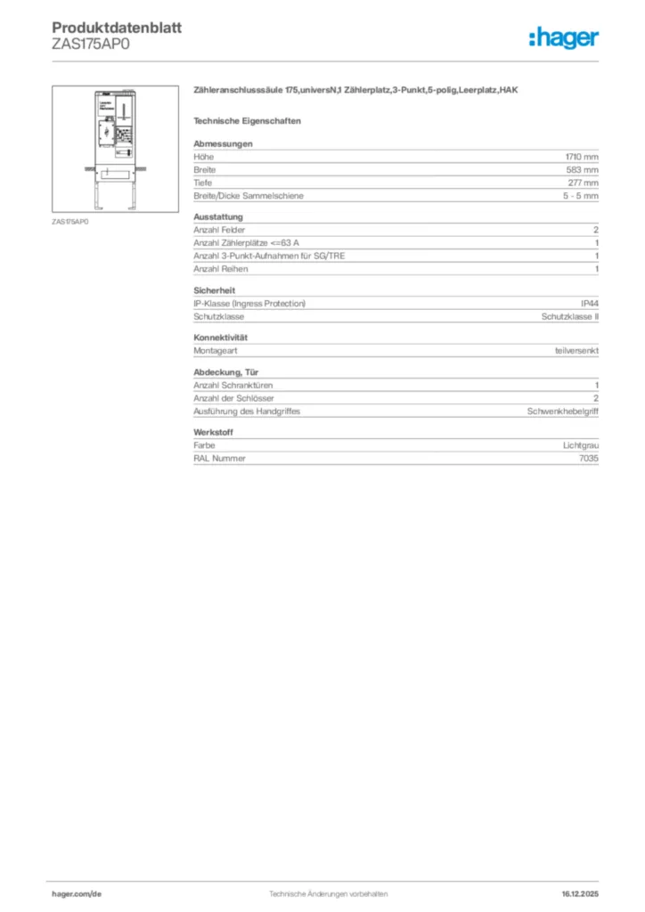Bild Hager Produktdatenblatt ZAS175AP0 | Hager Deutschland