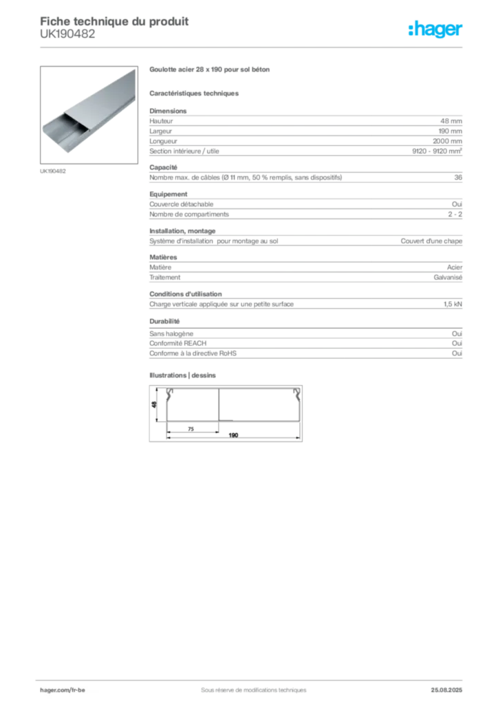 Image Hager Fiche technique du produit UK190482 | Hager Belgique