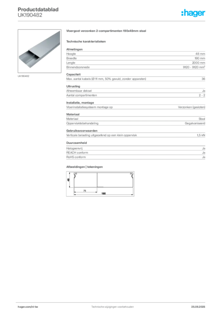Afbeelding Hager Productdatablad UK190482 | Hager Belgium