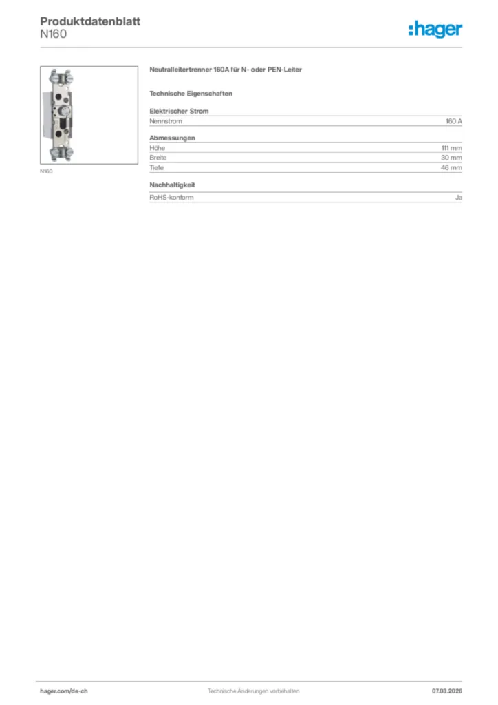 Bild Hager Produktdatenblatt N160 | Hager Schweiz