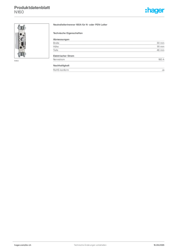 Bild Hager Produktdatenblatt N160 | Hager Schweiz