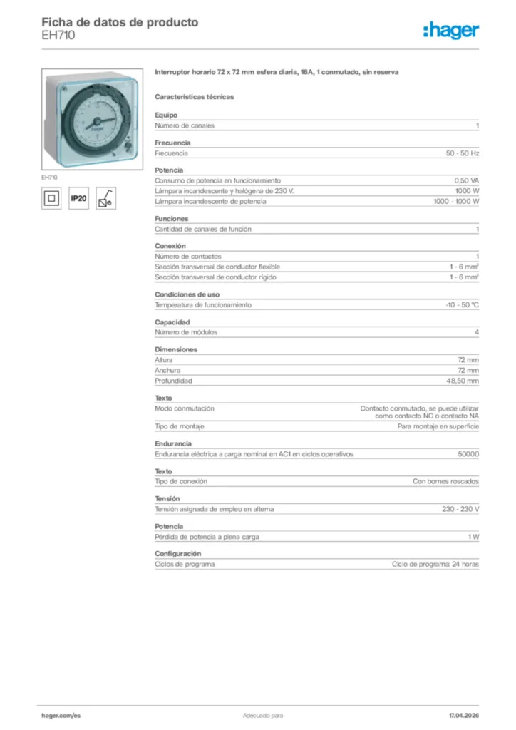 Imagen Hager Ficha de datos de producto EH710 | Hager España