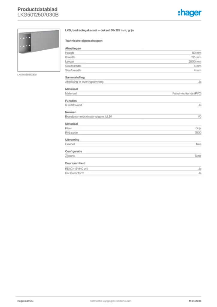 Afbeelding Hager Productdatablad LKG5012507030B | Hager Nederland