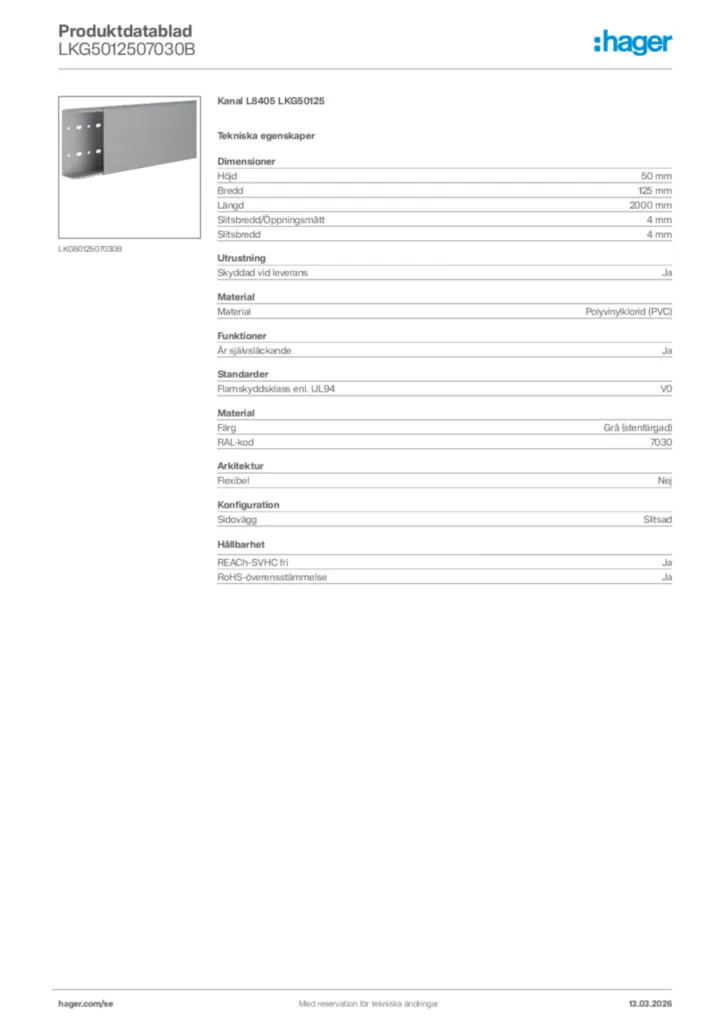 Bild Hager Produktdatablad LKG5012507030B | Hager Sverige