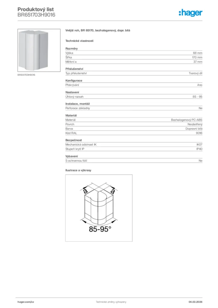 Obrázek Hager Product data sheet BR651703H9016 | Hager