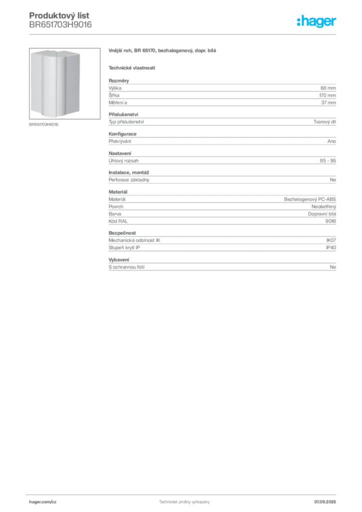 Obrázek Hager Produktový list BR651703H9016 | Hager