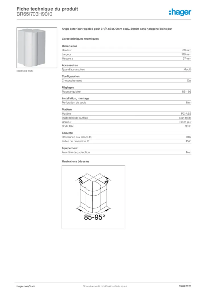Image Hager Fiche technique du produit BR651703H9010 | Hager Suisse