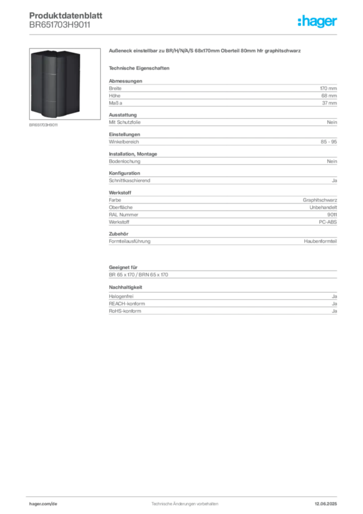 Bild Hager Produktdatenblatt BR651703H9011 | Hager Deutschland