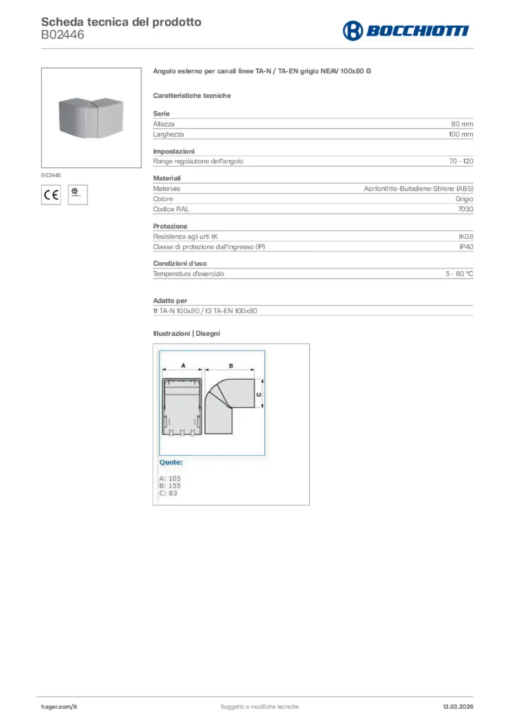 Immagine Bocchiotti Scheda tecnica del prodotto B02446 | Hager Italia