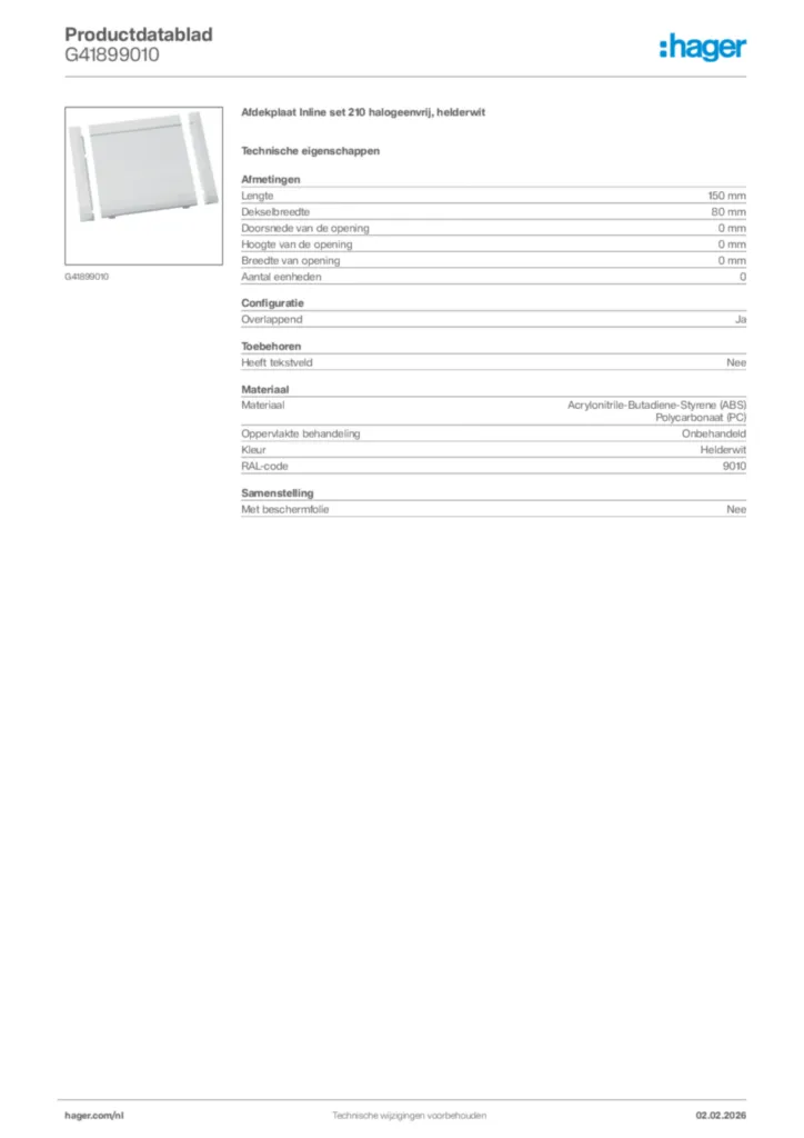 Afbeelding Hager Productdatablad G41899010 | Hager Nederland