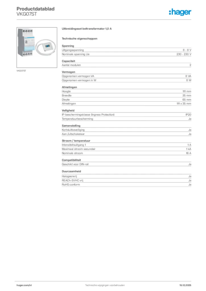 Afbeelding Hager Productdatablad VKG07ST | Hager Nederland