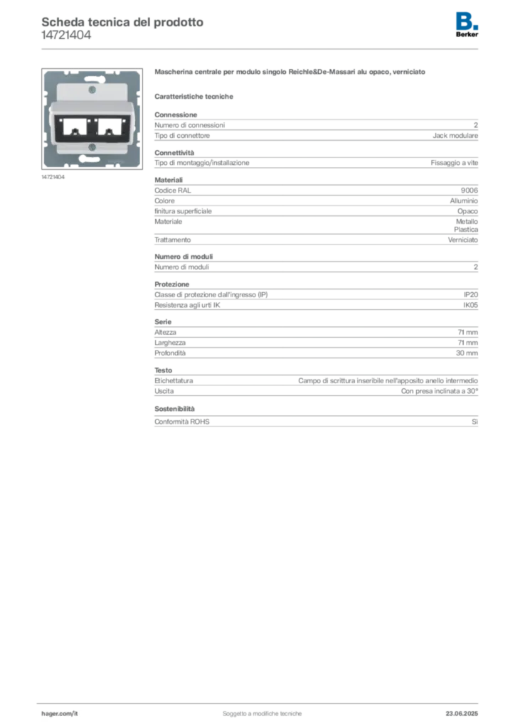 Immagine Berker Scheda tecnica del prodotto 14721404 | Hager Italia