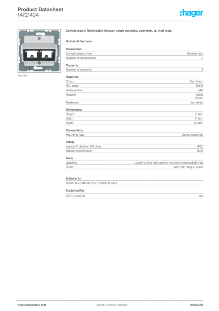 Image Hager Product data sheet 14721404  | Hager