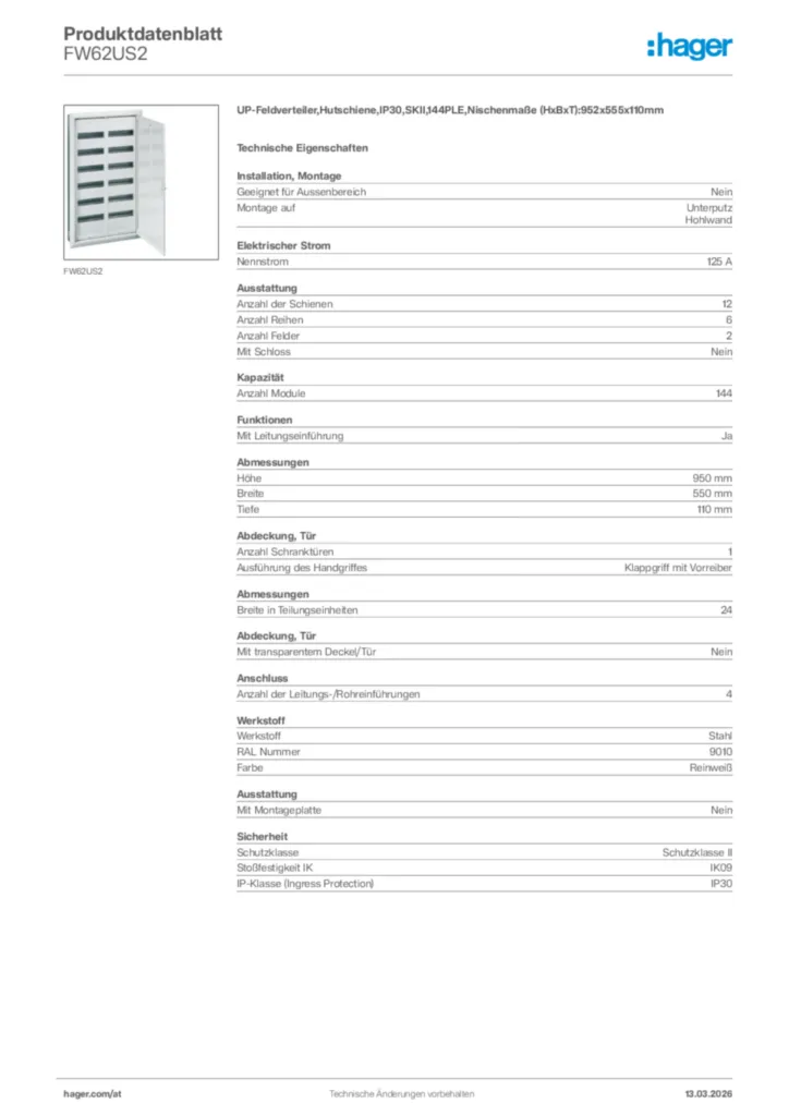 Bild Hager Produktdatenblatt FW62US2 | Hager Deutschland
