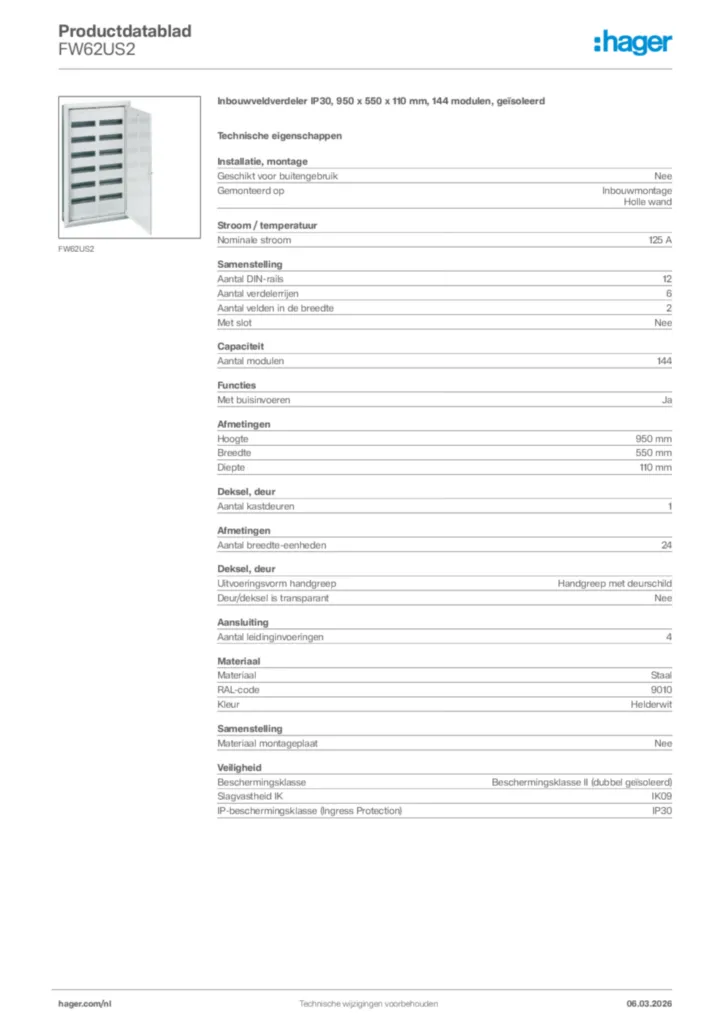 Afbeelding Hager Productdatablad FW62US2 | Hager Nederland