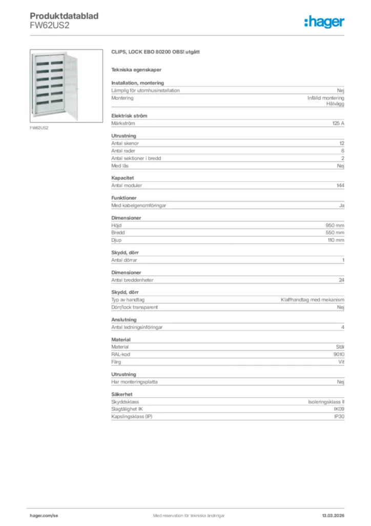 Bild Hager Produktdatablad FW62US2 | Hager Sverige