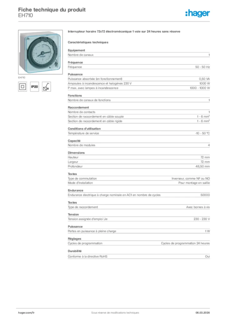 Image Hager Fiche technique du produit EH710 | Hager France