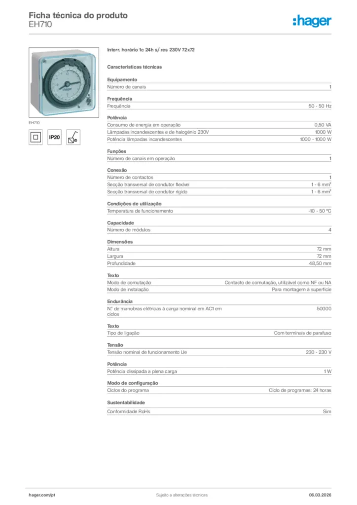 Imagem Hager Ficha técnica do produto EH710 | Hager Portugal