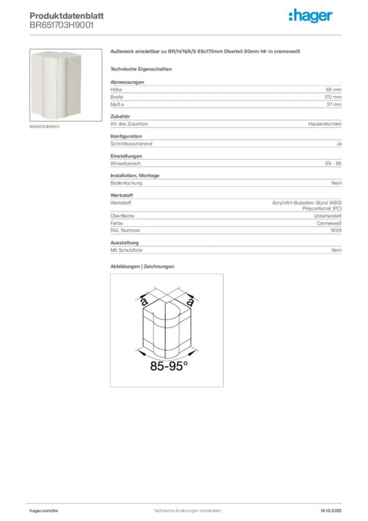 Bild Hager Produktdatenblatt BR651703H9001 | Hager Deutschland