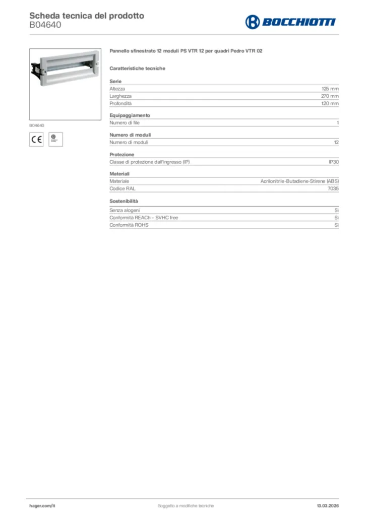 Immagine Bocchiotti Scheda tecnica del prodotto B04640 | Hager Italia