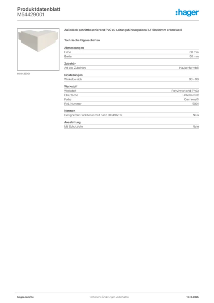 Bild Hager Produktdatenblatt M54429001 | Hager Deutschland