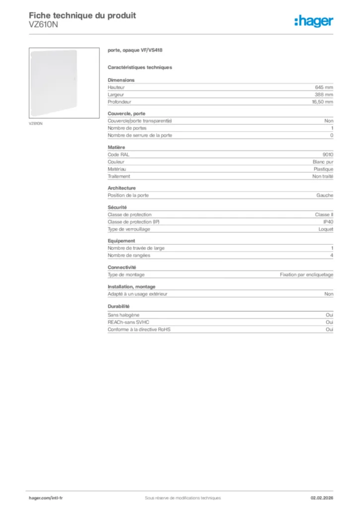 Image Hager Fiche technique du produit VZ610N | Hager Afrique