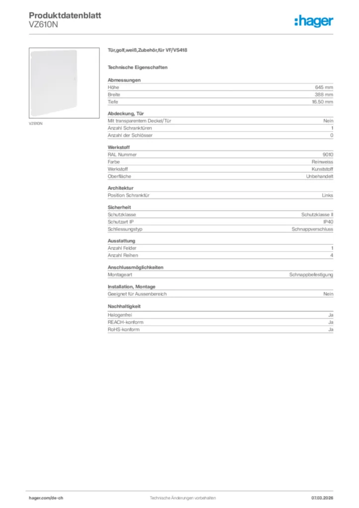 Bild Hager Produktdatenblatt VZ610N | Hager Schweiz