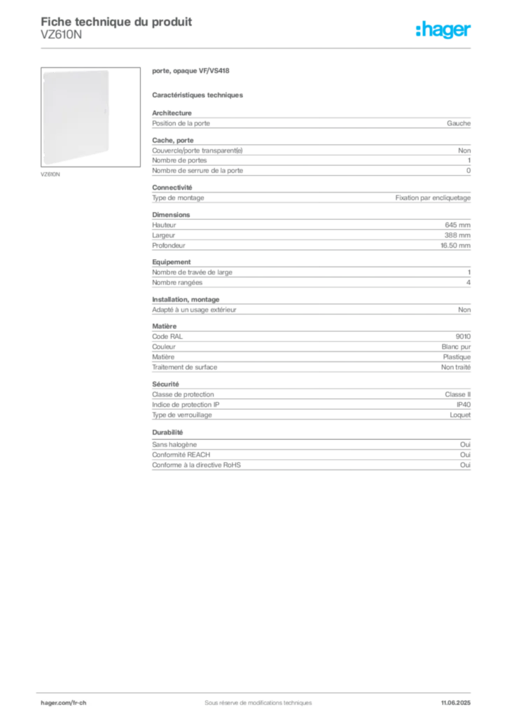 Image Hager Fiche technique du produit VZ610N | Hager Suisse