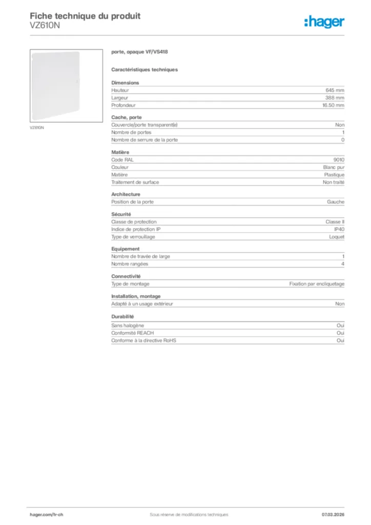 Image Hager Fiche technique du produit VZ610N | Hager Suisse
