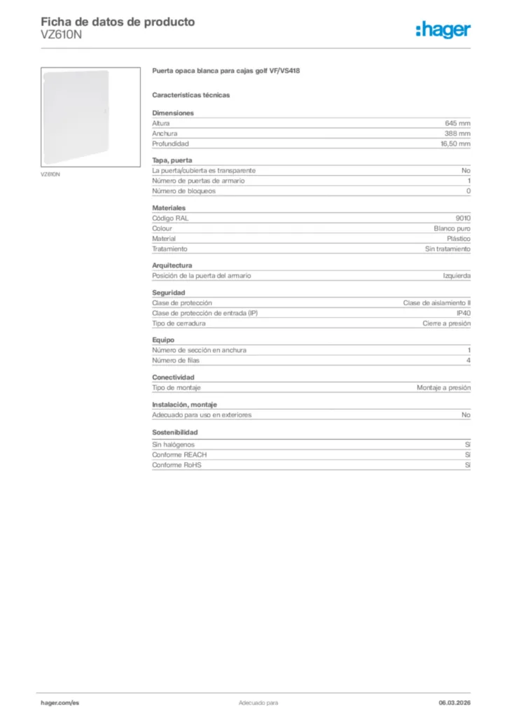 Imagen Hager Ficha de datos de producto VZ610N | Hager España