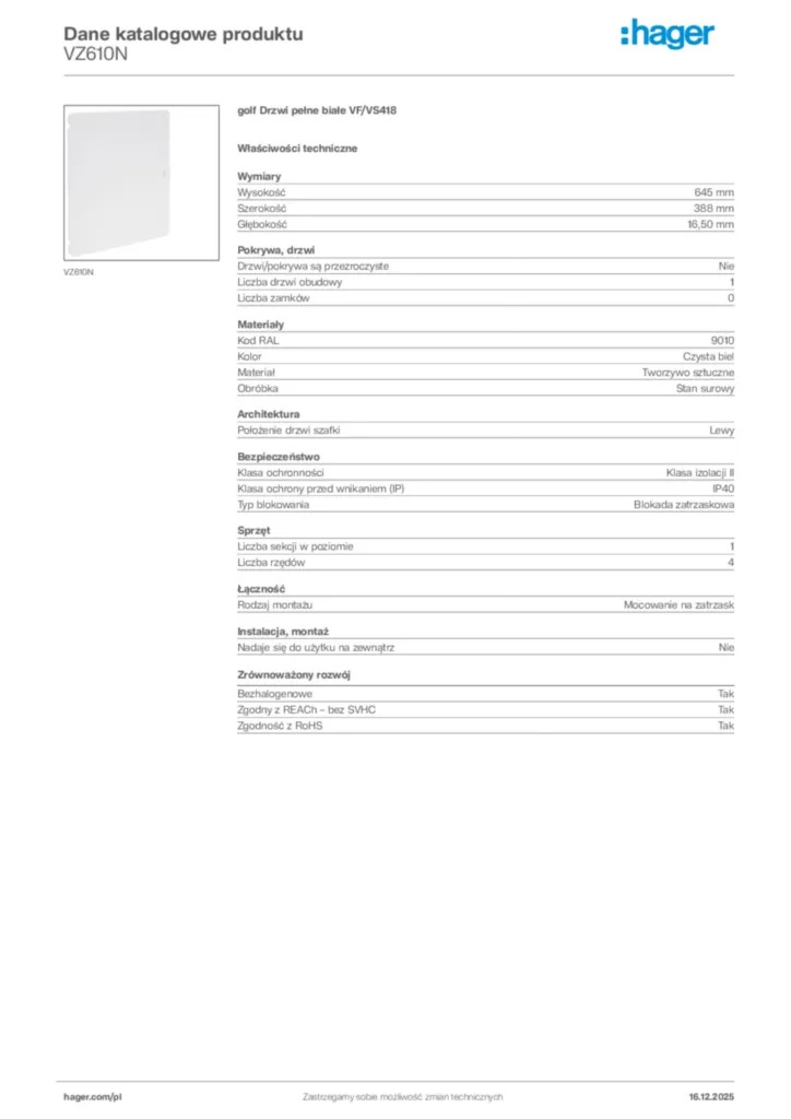 Zdjęcie Hager Karta katalogowa VZ610N | Hager Polska