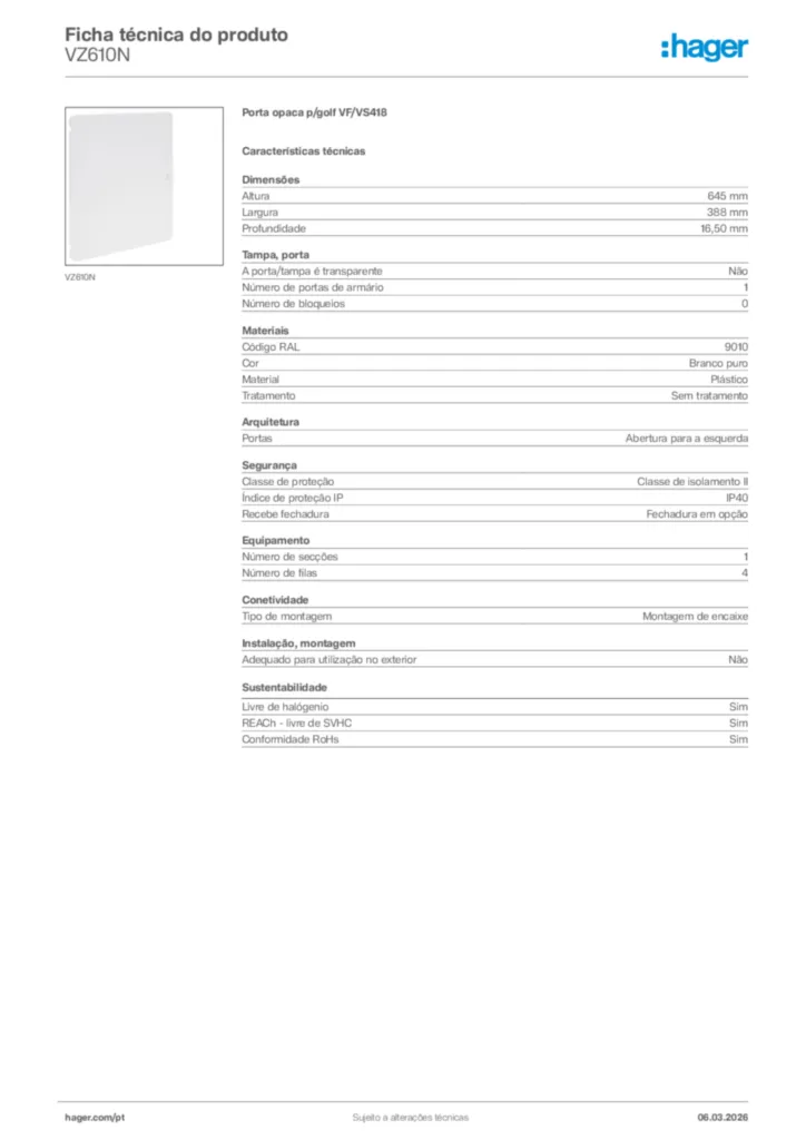 Imagem Hager Ficha técnica do produto VZ610N | Hager Portugal