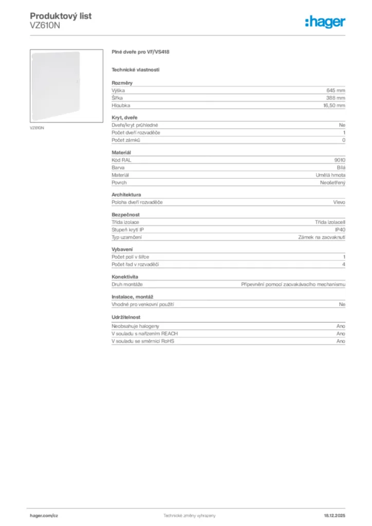 Obrázek Hager Produktový list VZ610N | Hager