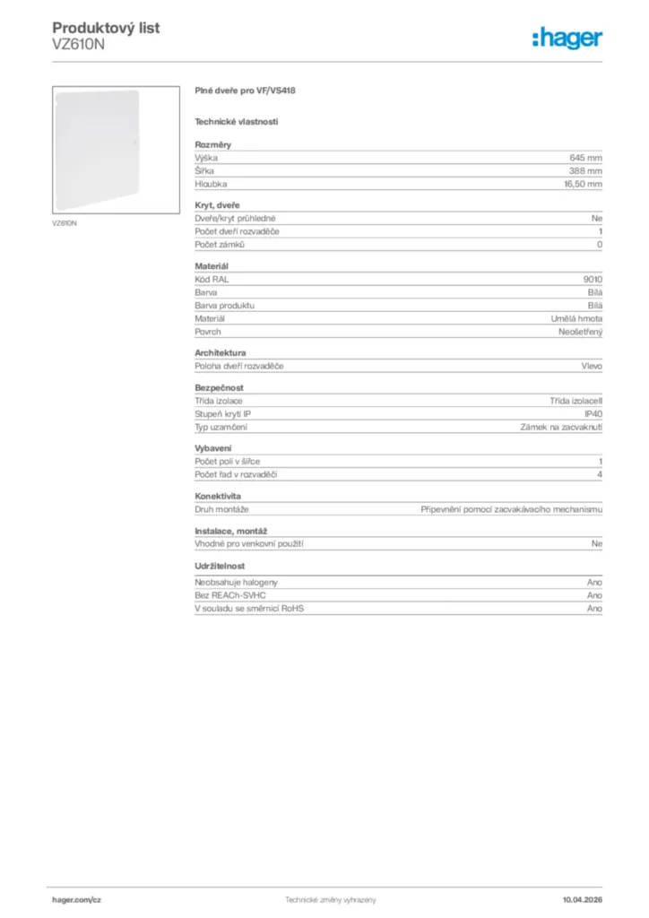 Obrázek Hager Product data sheet VZ610N | Hager