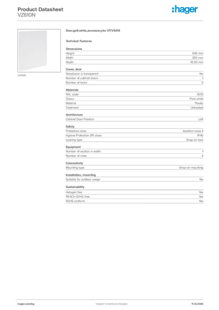 Image Hager Product data sheet VZ610N  | Hager