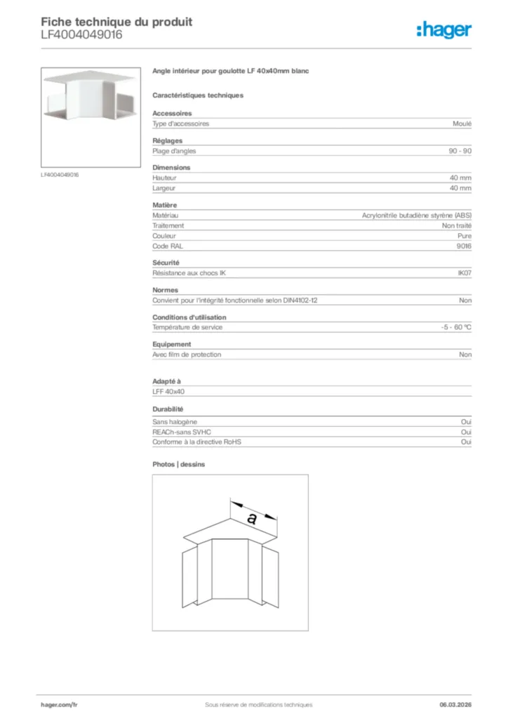 Image Hager Fiche technique du produit LF4004049016 | Hager France
