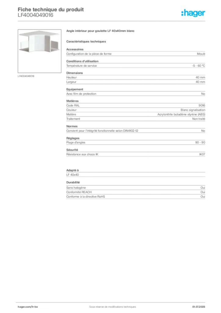 Image Hager Fiche technique du produit LF4004049016 | Hager Belgique