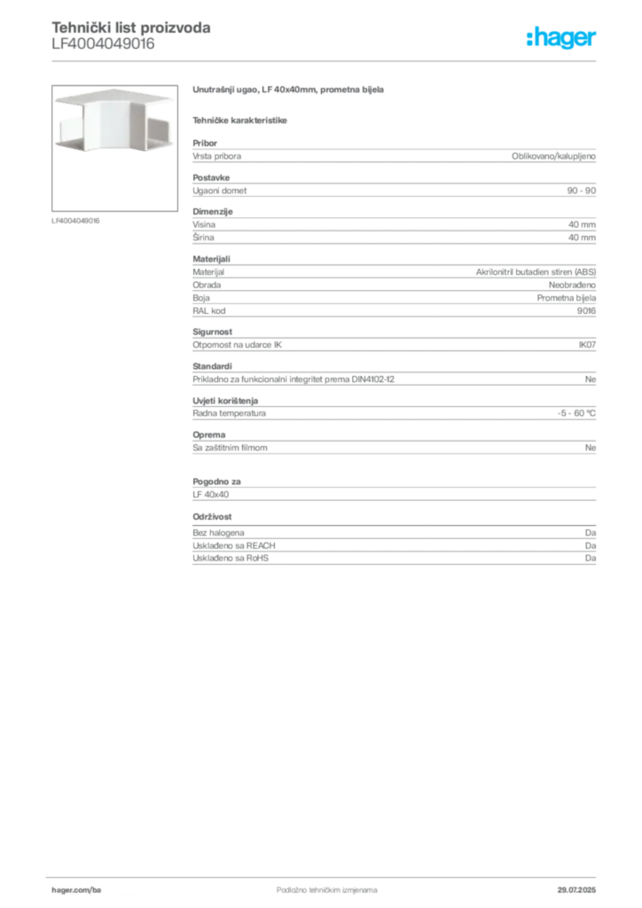 Slika Hager Product data sheet LF4004049016  | Hager