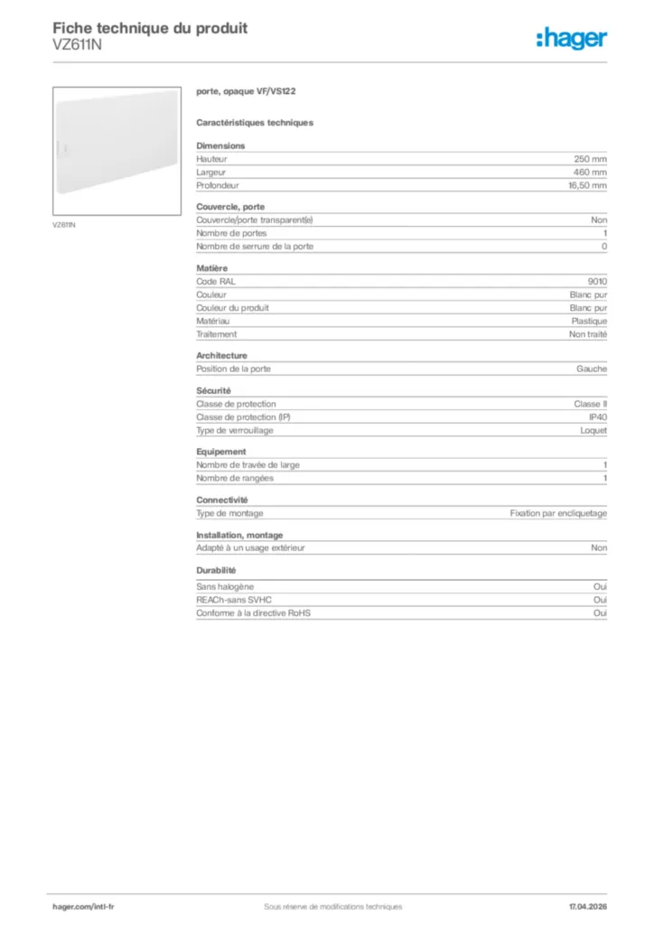 Image Hager Fiche technique du produit VZ611N | Hager Afrique