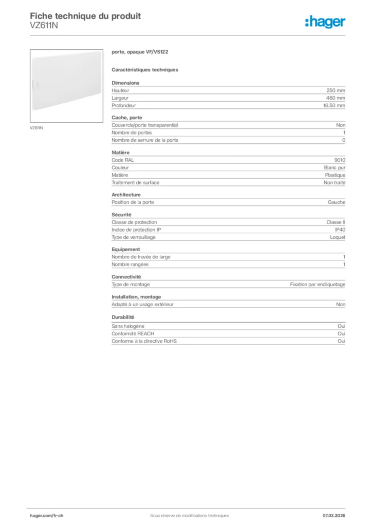 Image Hager Fiche technique du produit VZ611N | Hager Suisse