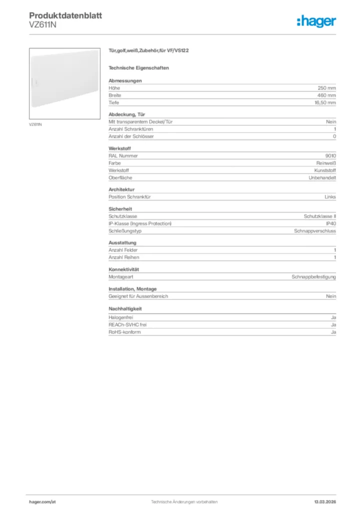 Bild Hager Produktdatenblatt VZ611N | Hager Deutschland
