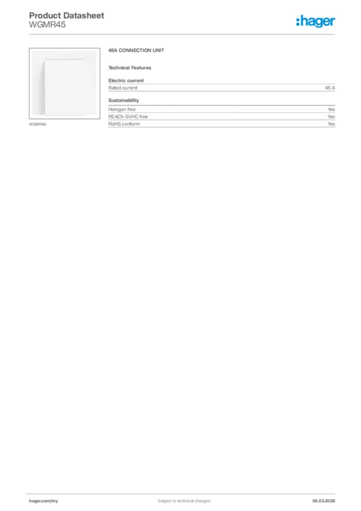 Image Hager Product data sheet WGMR45  | Hager