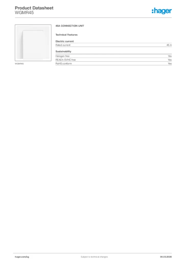 Image Hager Product data sheet WGMR45  | Hager