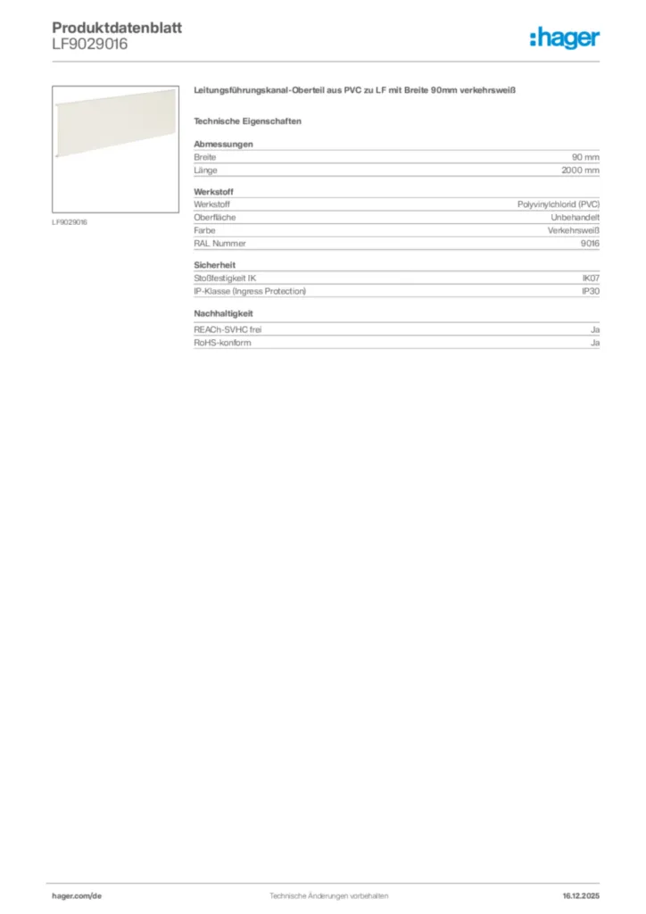 Bild Hager Produktdatenblatt LF9029016 | Hager Deutschland
