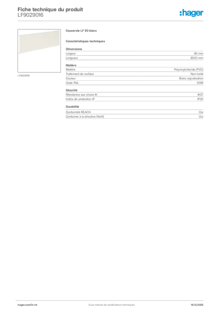 Image Hager Fiche technique du produit LF9029016 | Hager Suisse