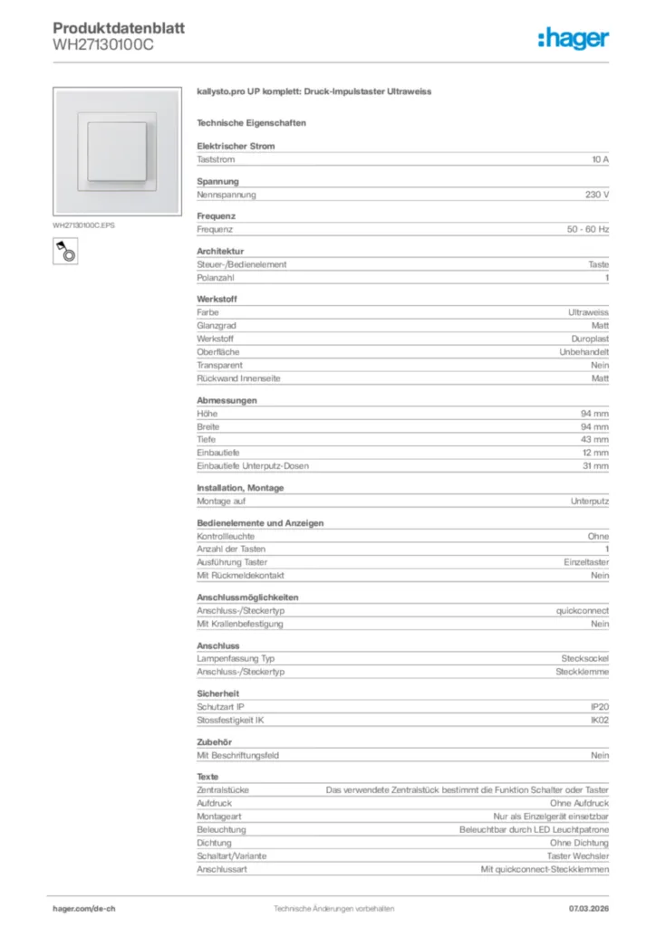 Bild Hager Produktdatenblatt WH27130100C | Hager Schweiz