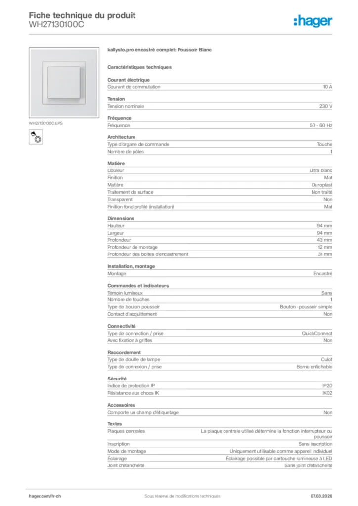 Image Hager Fiche technique du produit WH27130100C | Hager Suisse